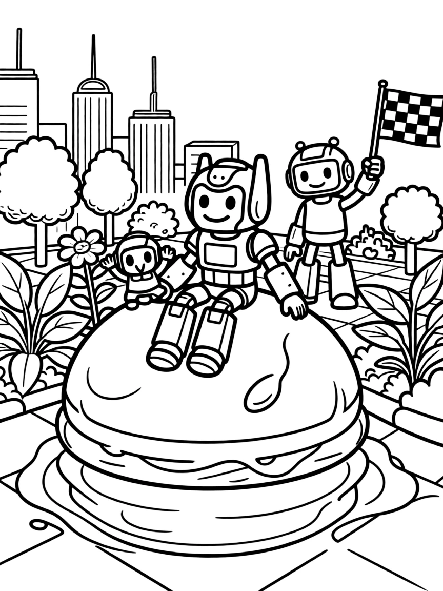 Ratchet, a robot gardener riding a bubble-shaped pod across a lake of liquid light near a rooftop garden overlooking a glowing cyber skyline, surrounded by a friendly robot waving a checkered flag and a small robot sidekick cheering.