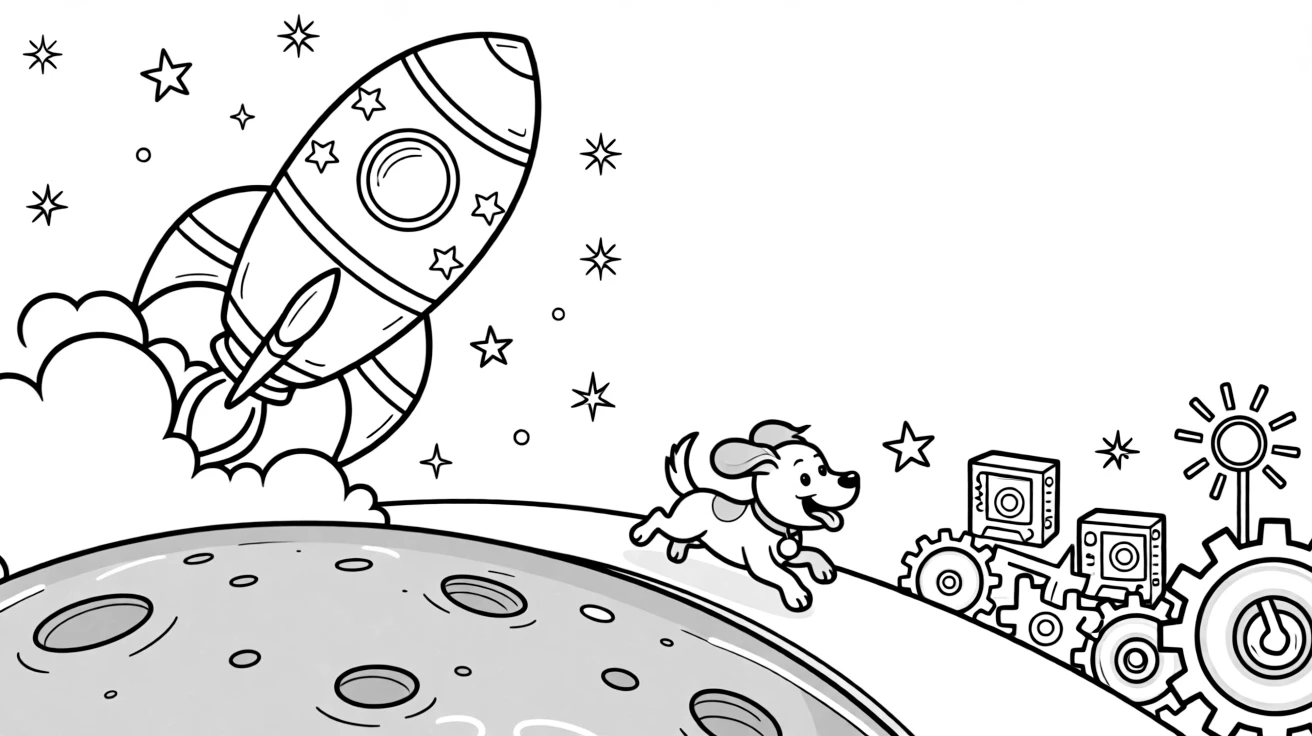 A coloring page featuring a satellite-launching rocket rising past fluffy clouds, traveling through the dusty gray surface of the moon under a starry sky, with an excited puppy chasing along the road and gears and control panels glowing softly and a signal light blinking cheerfully filling the scene.