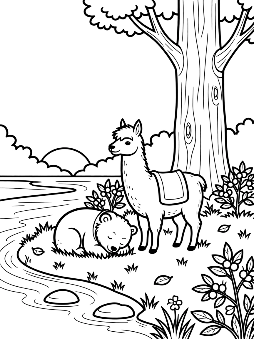A polar bear cub napping in a sunbeam next to a llama on a riverbank at dawn, near a giant redwood tree, with ripe berries scattered on the ground.
