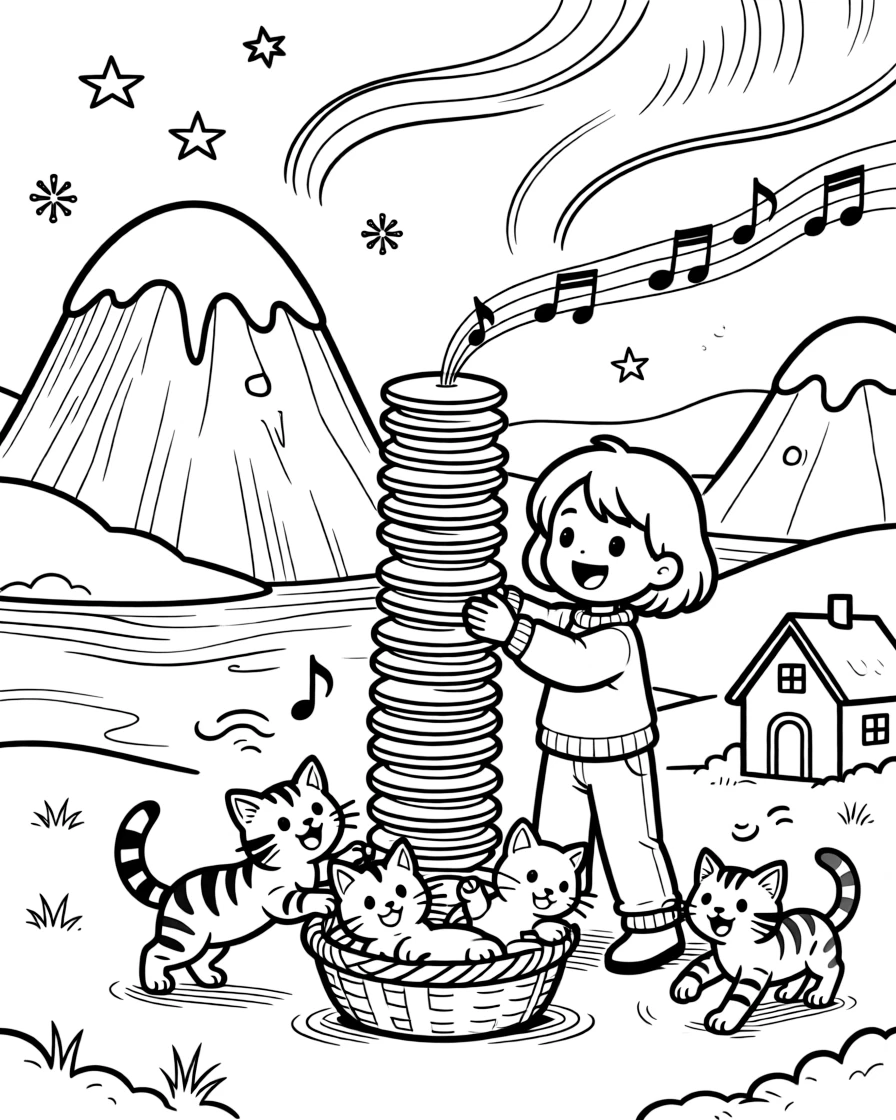 On an iceberg glittering under the northern lights, a bright-eyed small dragon tamer is busy stacking pancakes into a tower taller than a house, cheered on by a basket of kittens tumbling over each other and musical notes floating playfully in the air. Giggles echo happily through the whole valley.