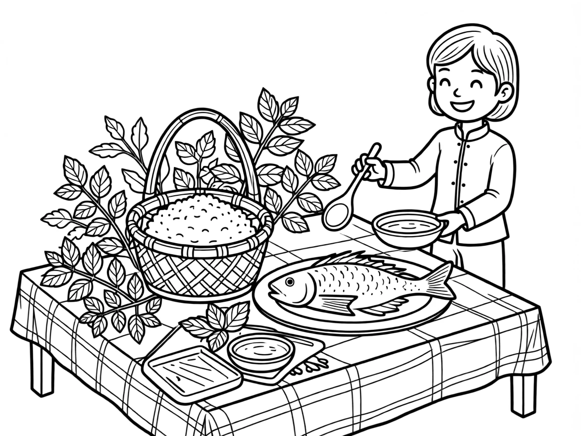 A coloring page showing a delicious spread from Laos: a basket of sticky rice served with grilled fish and herbs, set out on a table with a friendly family member serving portions.