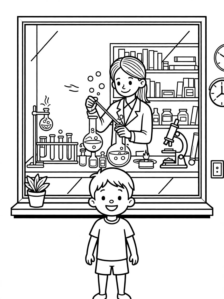 a giggling little boy watches a chemist mix bubbling potions behind a lab display window.