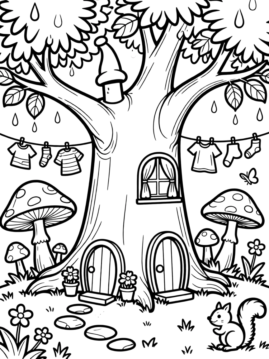 A gnome village built into tree roots has tiny doors, chimneys, and washing lines strung between mushrooms after a rain shower.