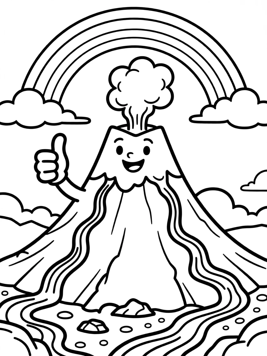 [Volcanoes] a volcanic mountain with glowing lava puffing thick smoke into the sky atop a rocky mountain ridge, giving a confident thumbs-up. Nearby, rivers of glowing lava wind down the slope. Rocky terrain surrounds the volcano's base. The scene is captured at sunset, with a rainbow arching overhead, giving the page a lively and adventurous feel that invites plenty of colorful detail.