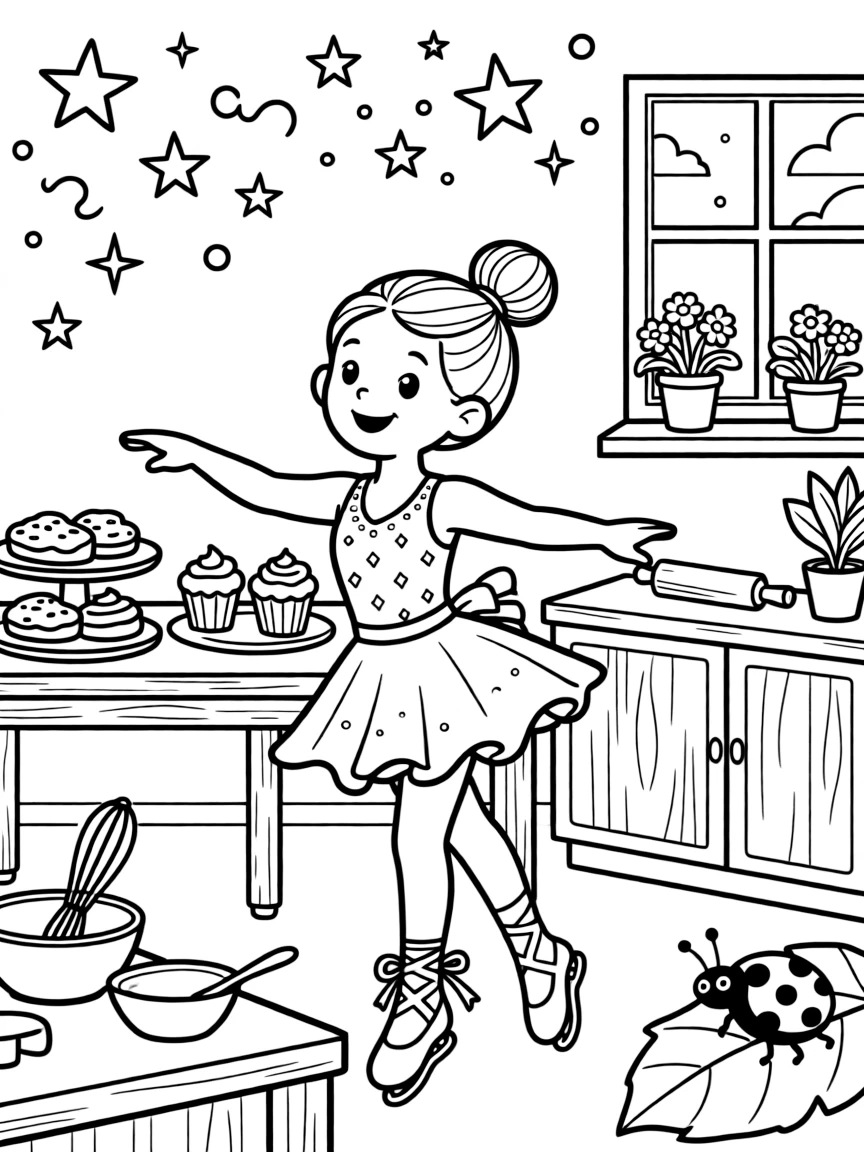 A girl figure skater in a sparkly costume is practicing gentle ballet twirls inside a cheerful bakery kitchen. Nearby, sparkling stars scattered across the sky and a curious ladybug resting on a leaf bring the scene to life.