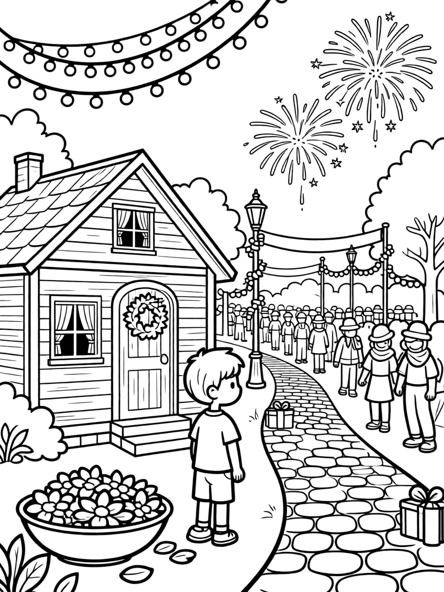 A curious little boy admiring a cozy cabin beneath a curtain of shimmering lights in a lively parade winding through a decorated street, near a bowl of fresh flower petals and fireworks blooming in the night sky.