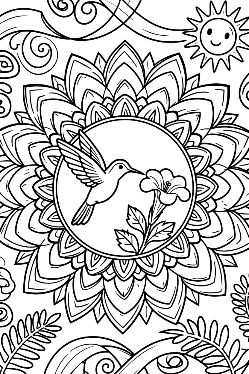 Birds: The main subject is a hummingbird hovering beside a trumpet flower, drawn as the focal point of a layered rosette mandala with overlapping round petals. It is placed dead center, with the surrounding rings mirrored perfectly across every direction. Decorative details fill the surrounding space, including curling paisley teardrops, curling fern-frond shapes, and ribbons folded into gentle zigzags woven throughout the background. A playful extra touch completes the page: a friendly round sun peeking in from behind the top edge.