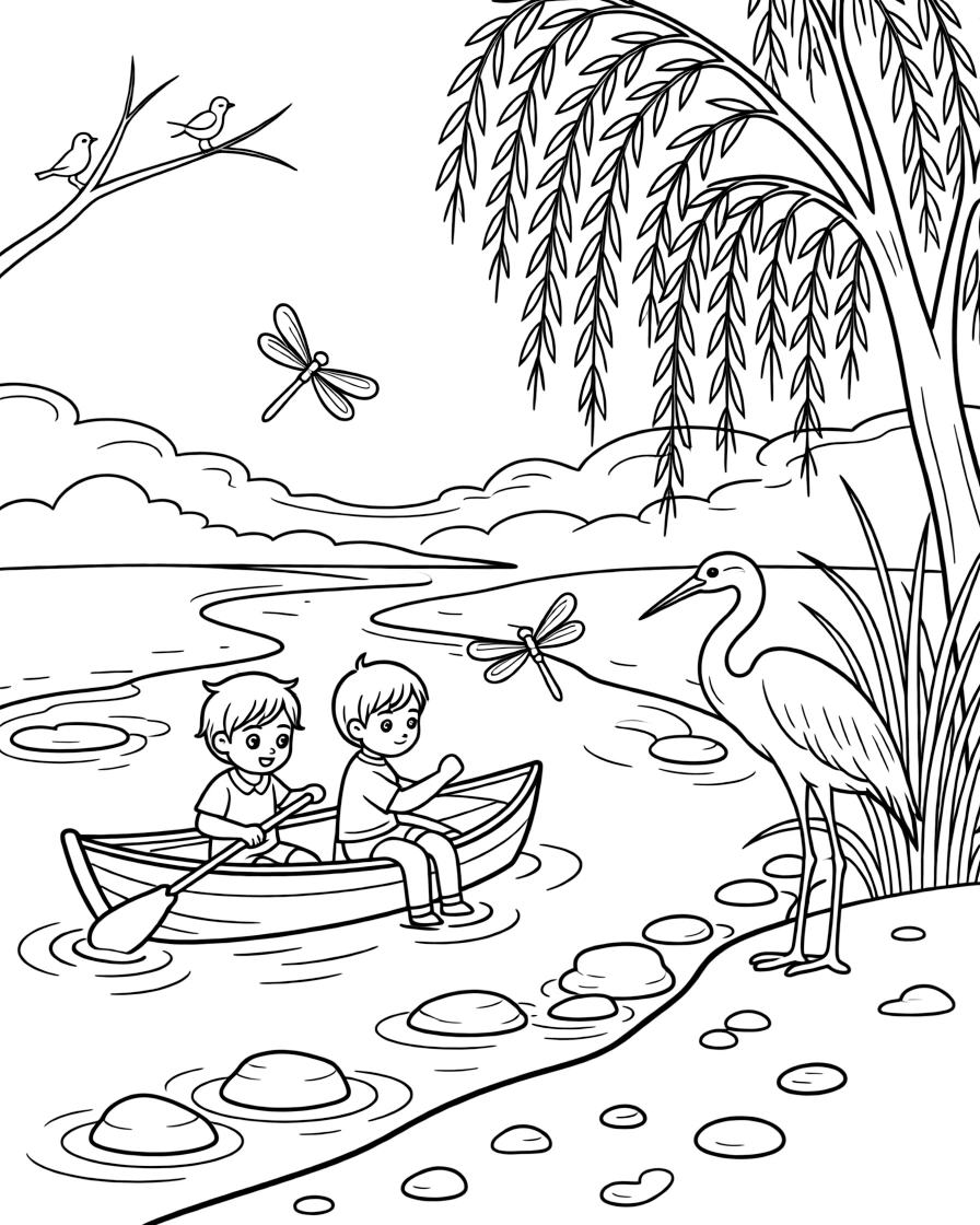[River Adventures] Two children paddle a small wooden canoe past smooth boulders in a winding river. Dragonflies hover above the water while a heron wades slowly near the reeds, hunting for fish. Willow trees dip their branches into the water beside a sandy bank scattered with pebbles. Soft morning mist rises off the river as the first birds begin to sing.
