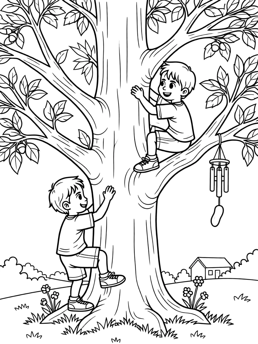 Twin brothers climbing a tree with a buddy from the soccer team at grandparents' farmhouse as a wind chime tinkles softly.