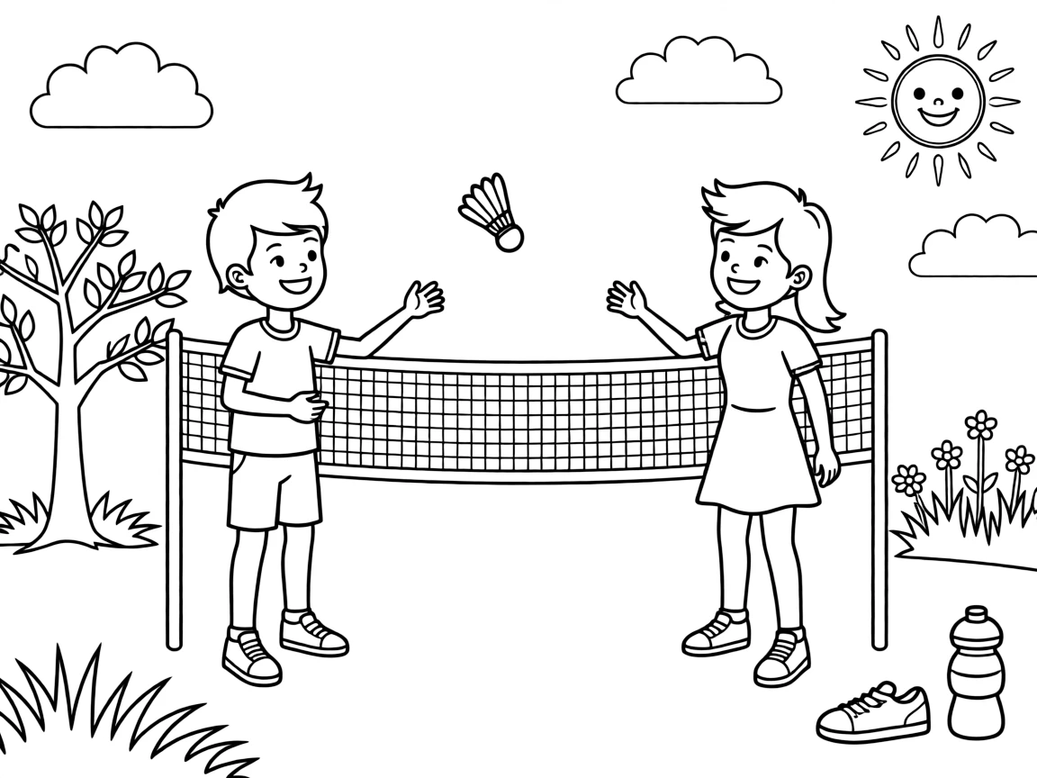 A pair of best friends, serving the shuttlecock underhand to start a lively backyard match.