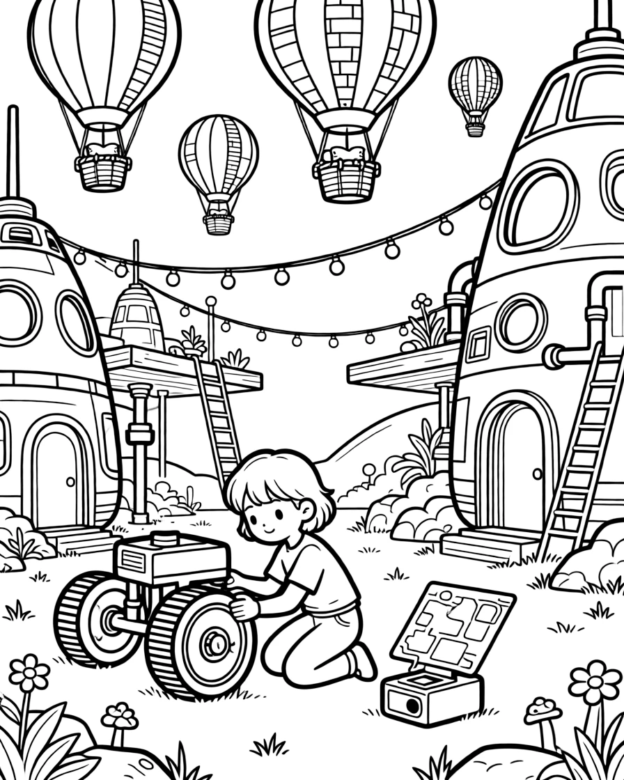 Inventor kid Ionia testing a holographic map projector fixing the wobbly wheel on a rover before the big race near a starship graveyard turned into a playground for young explorers, surrounded by twinkling string lights strung between floating platforms and colorful hot-air balloons drifting overhead.