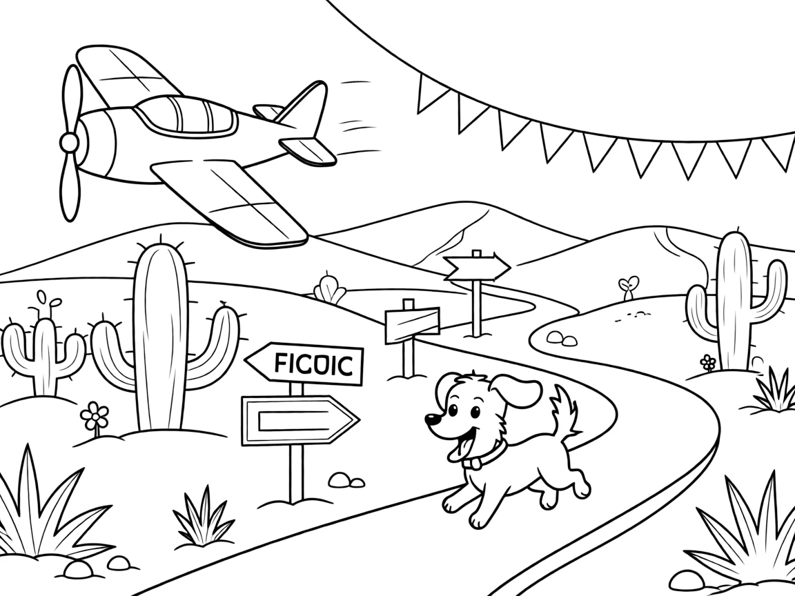 In this scene, a small propeller plane buzzing over a farm is the star of a golden desert dotted with cacti and distant sand dunes, joined by an excited puppy chasing along the road, with a string of triangle pennant flags overhead and road signs pointing toward fun destinations scattered throughout for kids to color.