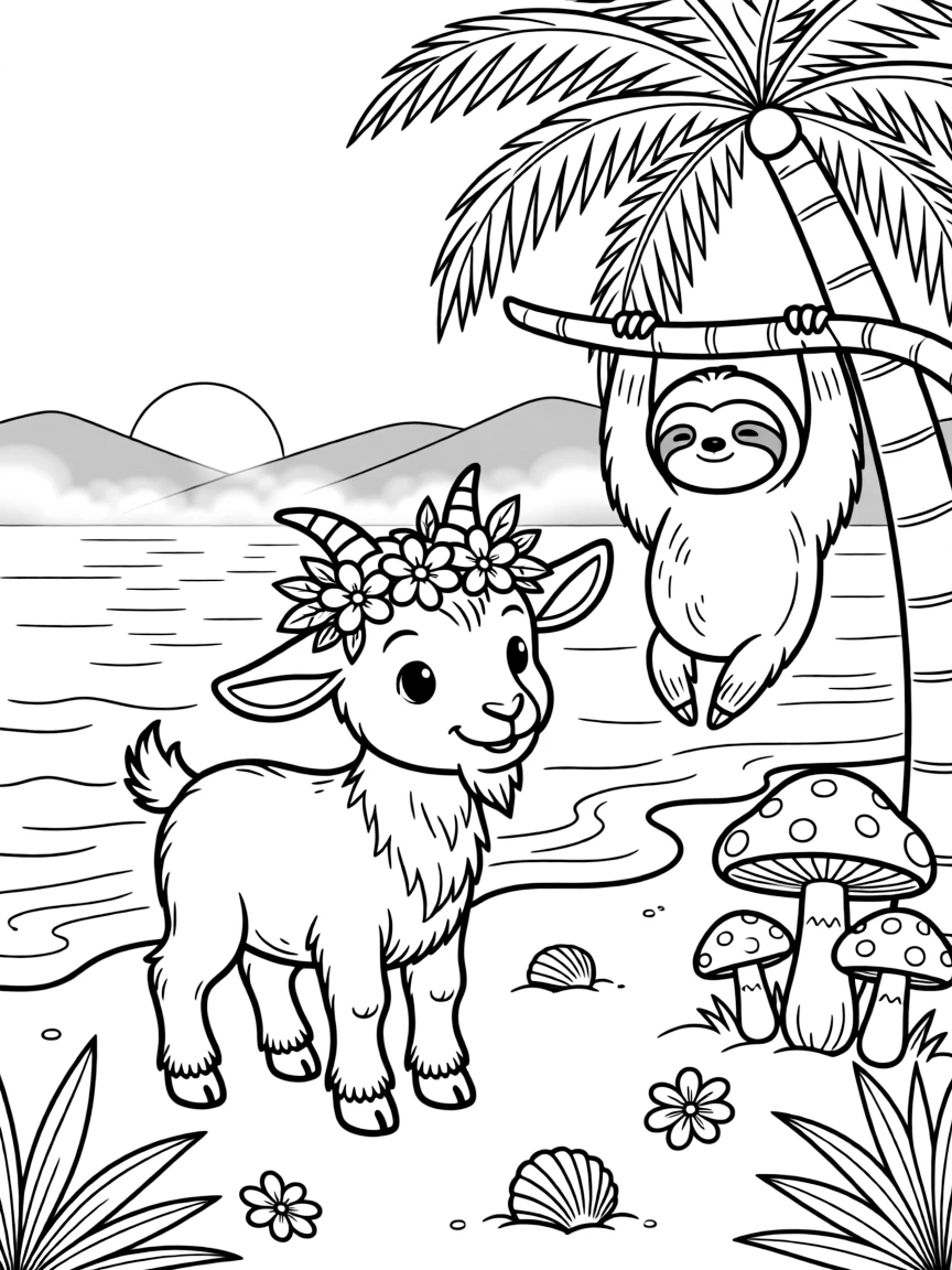 A goat kid wearing tiny flower crowns with a sloth on a tropical beach at sunset, near a cluster of colorful mushrooms, while morning fog rolls over the hills.