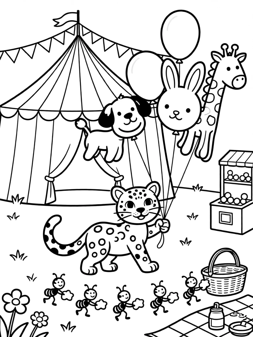 At a county fair with games and a big striped tent, a playful snow leopard cub discovers the joy of leading a parade of floating balloon animals, while a line of ants carrying a picnic crumb watches happily nearby. It's a perfectly wonderful, magical moment.