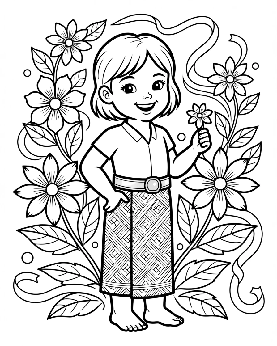 A coloring page from Laos showing a child wearing a woven sinh skirt with a silver belt, posed for a festival photo with flowers and ribbons decorating the background.