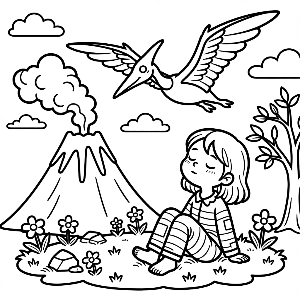 a sleepy little girl watches a pterodactyl soar overhead near a smoking volcano.