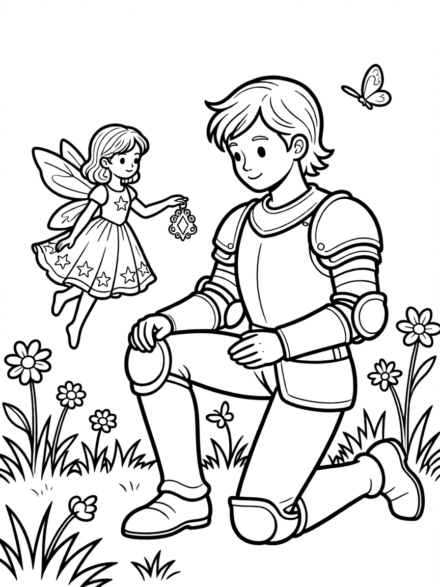 A noble knight kneels before a fairy queen no taller than his hand, receiving a tiny enchanted medallion for bravery.