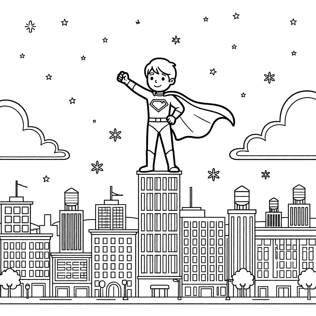 [Superheroes] a young superhero-in-training striking a heroic pose atop a building above a bustling city at night, wide-eyed with wonder. Nearby, clouds drift past nearby buildings. An emblem decorates the center of the chest. The scene is captured under a starry night sky, with snow gently falling, giving the page a lively and adventurous feel that invites plenty of colorful detail.