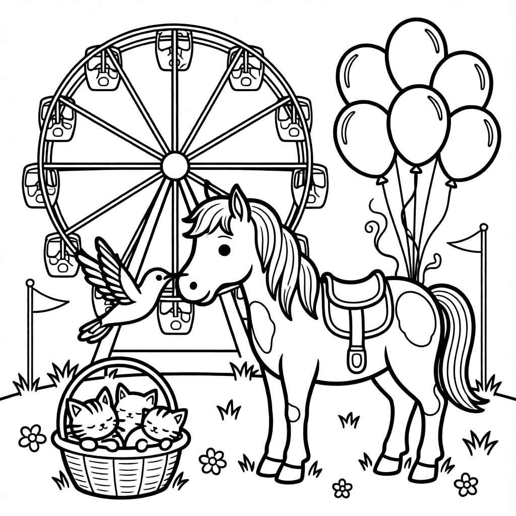 A tiny hummingbird is petting a friendly pony's soft nose at a lively carnival with a spinning ferris wheel. Just beyond, a basket of sleepy kittens curled together and a cluster of bouncing balloons tied with ribbon add a sprinkle of wonder to the moment.