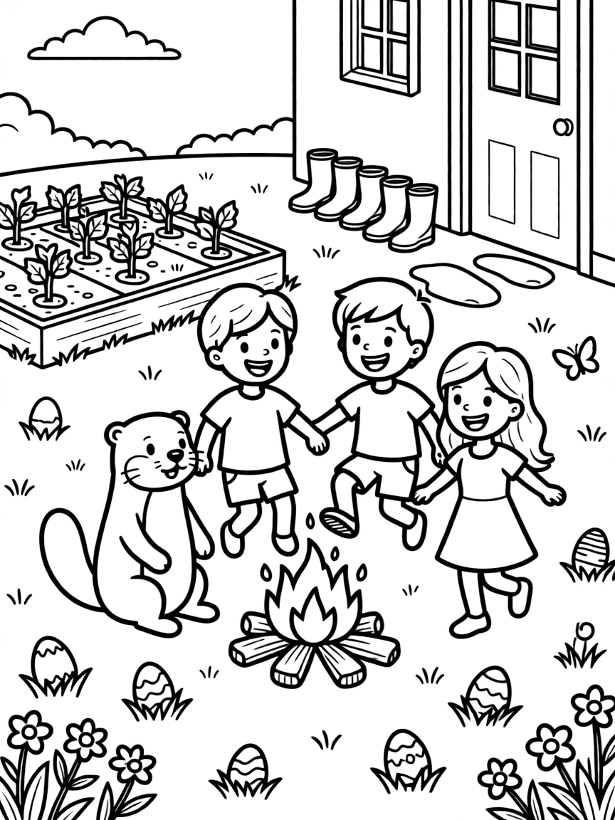 A playful otter sitting beside a family jumping over a small bonfire in a sunny backyard with a freshly planted vegetable patch, with a row of rain boots by the door and a row of pastel eggs in the grass scattered about.