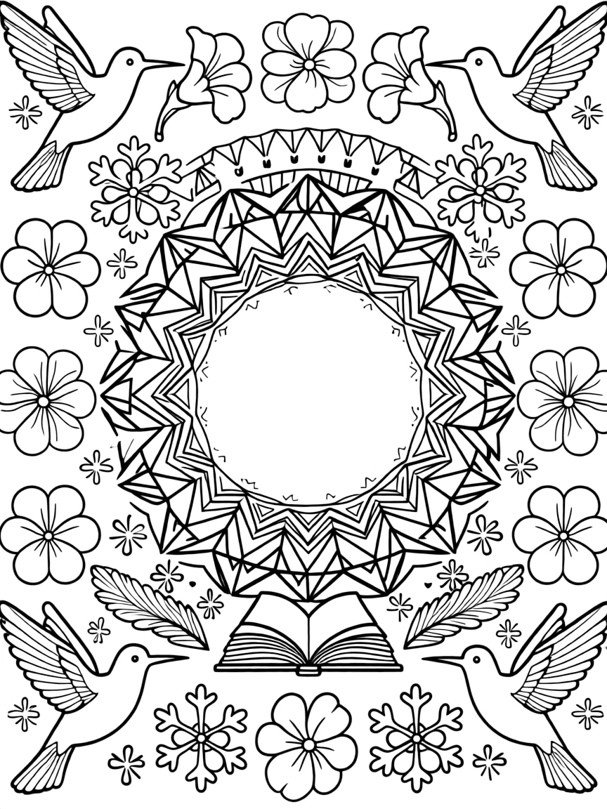 Birds: The page centers on a repeating motif of a hummingbird hovering beside a trumpet flower, built around a crystal-facet mandala built from angular repeating shapes. The motif is shown marching in a repeating row all the way around the border of the page, framing an open medallion left blank in the center. Decorative details fill the surrounding space, including nested triangle shapes, fanned feather plumes, and six-point snowflake shapes woven throughout the background. A playful extra touch completes the page: a tiny open book resting at the base of the design.