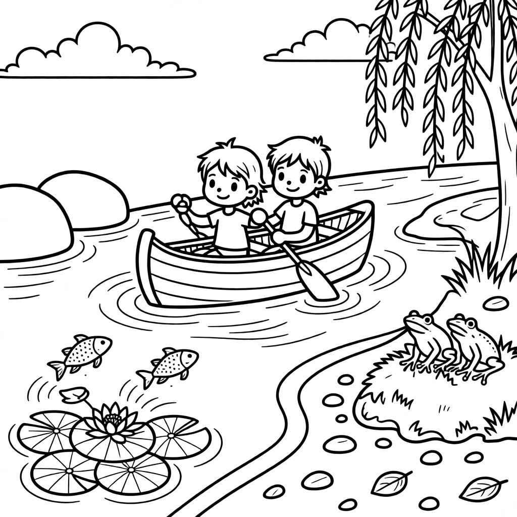 [River Adventures] Two children paddle a small wooden canoe past smooth boulders in a winding river. Fish leap playfully near a cluster of lily pads as frogs croak from a mossy rock. Willow trees dip their branches into the water beside a sandy bank scattered with pebbles. A gentle current carries fallen leaves downstream beneath a sky full of drifting clouds.