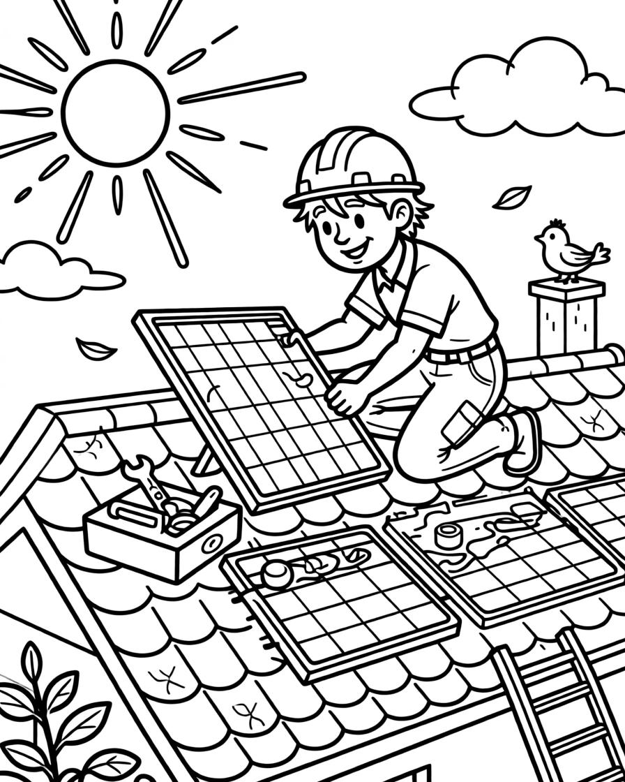 A solar panel installer bolts shiny panels onto a rooftop under a sunny sky.