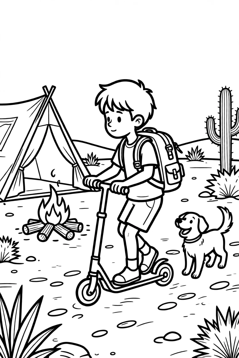 A boy with a backpack riding a scooter alone at a desert campsite, deeply focused, while a friendly dog wags its tail.