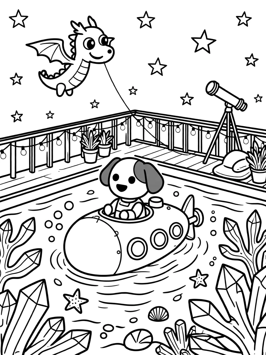 In a starlit rooftop deck used for stargazing parties, Zappy, a robot dog piloting a submarine through a coral reef made of crystal, while a kite shaped like a friendly dragon flying overhead adds to the excitement.