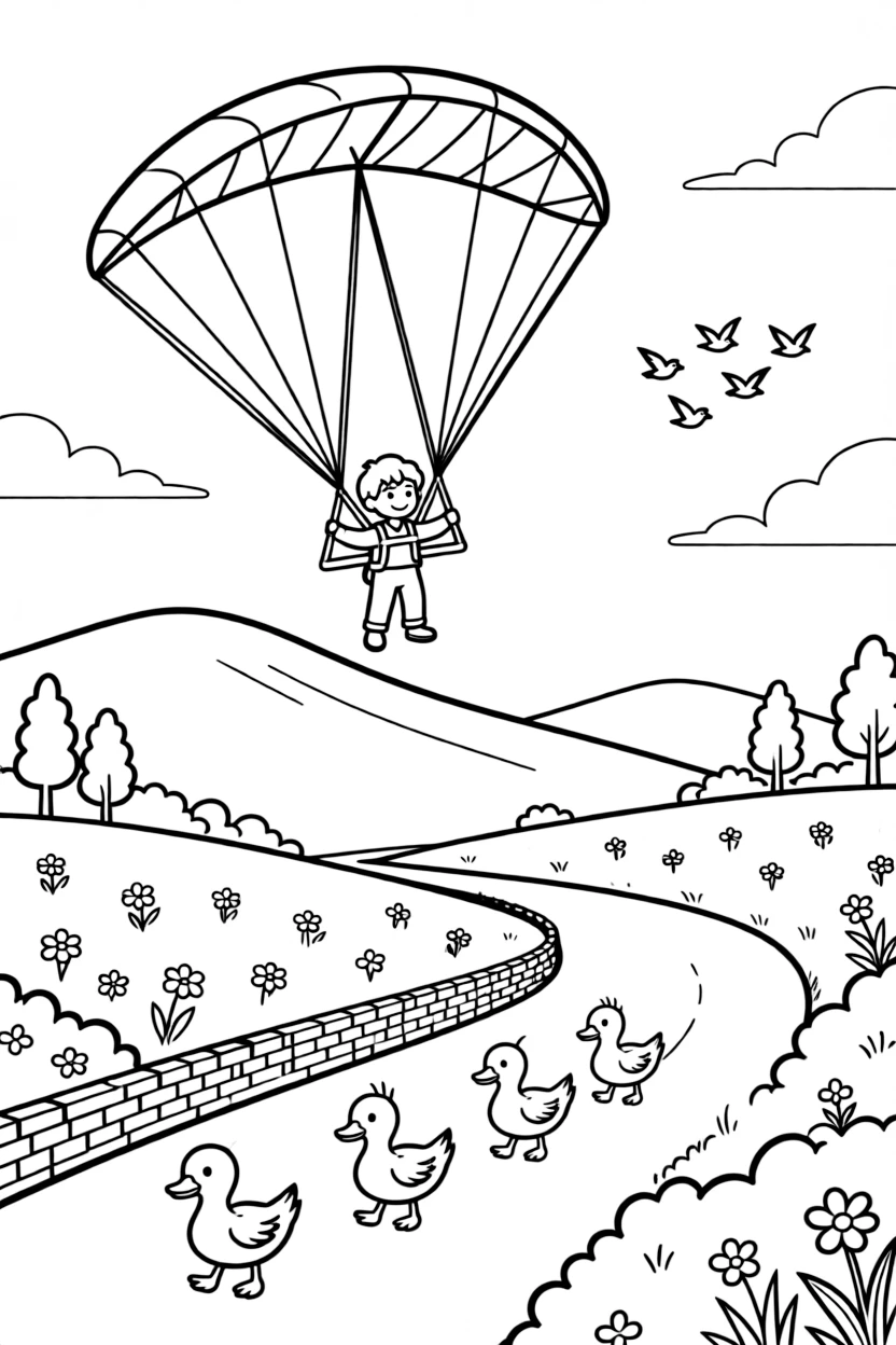 This coloring page shows a colorful paraglider drifting above a mountain ridge making its way across a quiet countryside road winding past rolling green hills, accompanied by a family of ducks waddling alongside, while a flock of birds flying alongside in formation adds extra charm to the scene.