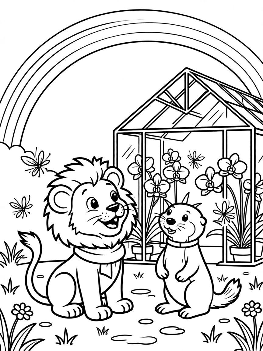 A lion cub under a rainbow after the rain, watching fireflies light up with a otter, next to a orchid greenhouse, while a rainbow arches overhead.