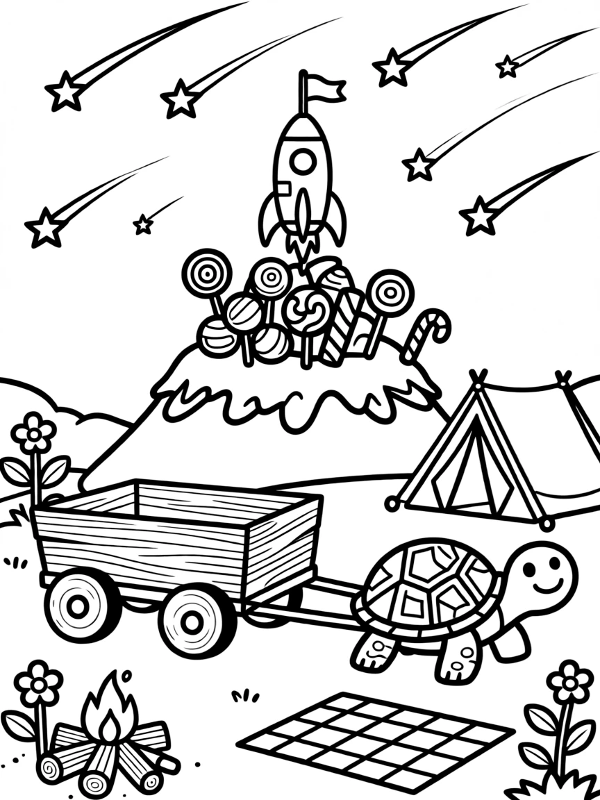 At a campsite under a sky full of shooting stars, a gentle rocket ship with a wink discovers the joy of planting flags on top of a candy mountain summit, while a cart pulled by a very determined turtle watches happily nearby. It's a perfectly wonderful, magical moment.