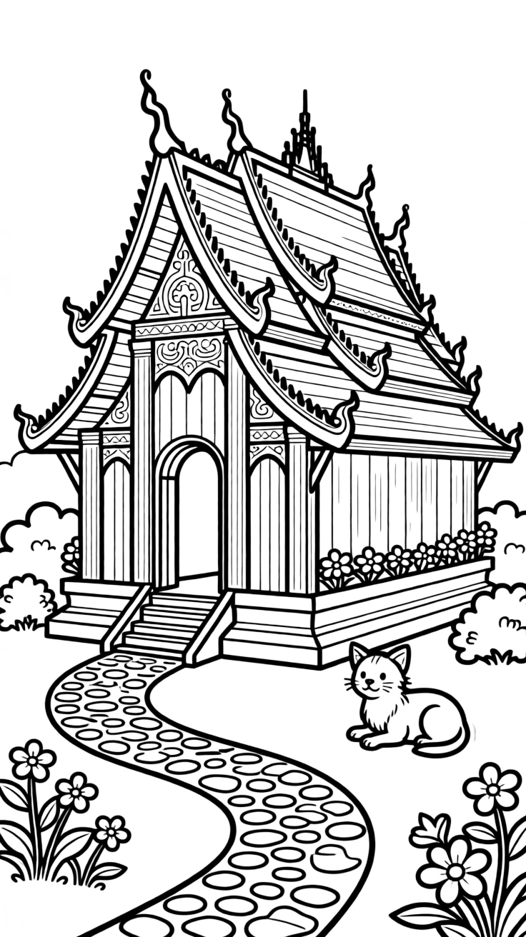 A coloring page of a charming home scene in Laos showing a wooden temple with layered roofs and gold-trimmed eaves, with a garden path, a small pet, and flowers growing along the walls.