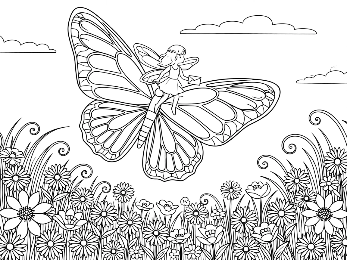 A giant butterfly with wings like stained glass carries a fairy messenger across a valley of blooming wildflowers.