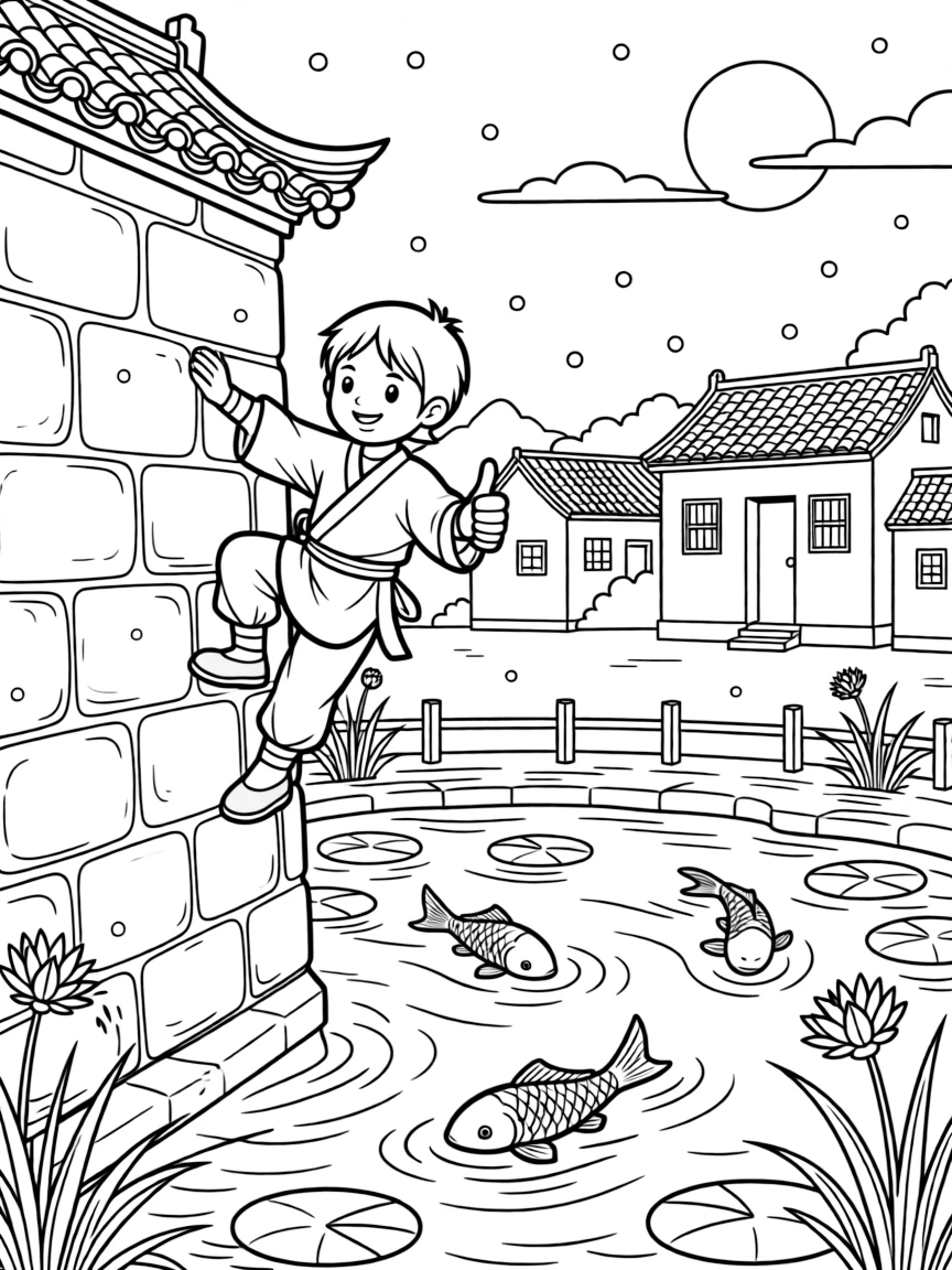 [Ninjas] a ninja practicing in a training yard climbing a stone wall with quiet steps above a quiet moonlit village, giving a confident thumbs-up. Nearby, a koi pond ripples nearby. Moonlight highlights the rooftop tiles. The scene is captured at sunset, with snow gently falling, giving the page a lively and adventurous feel that invites plenty of colorful detail.