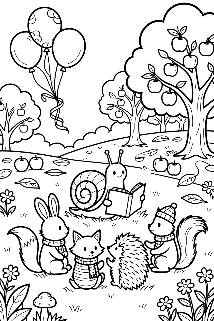 A snail with a spiral shell is reading a storybook aloud to a circle of animal friends at an apple orchard during the autumn harvest. a cluster of bouncing balloons tied with ribbon and wildflowers swaying gently in the wind add a sprinkle of wonder to the moment.