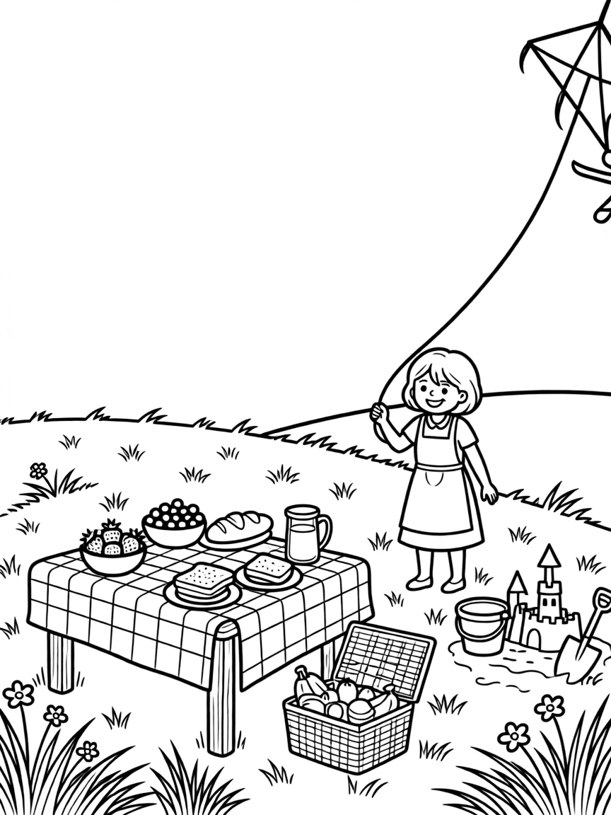 A table set outdoors with berries and bread on a grassy hill perfect for flying kites, while a cheerful grandmother looks on nearby, a bucket and shovel by a sandcastle and a picnic basket packed with fruit completing the scene.