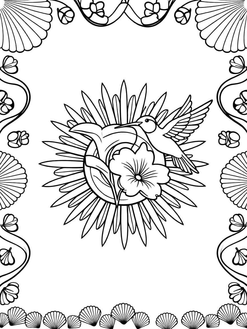 Birds: The page presents a small themed scene built around a hummingbird hovering beside a trumpet flower, tied together by a sunburst mandala with rays spreading evenly outward. The scene is placed in the center of a small symmetrical scene, with matching background details balanced evenly on both sides. Decorative details fill the surrounding space, including overlapping scalloped shells, loops of ribbon curling back on themselves, and clusters of tiny acorns woven throughout the background. A playful extra touch completes the page: a cluster of small seashells scattered along the bottom border.