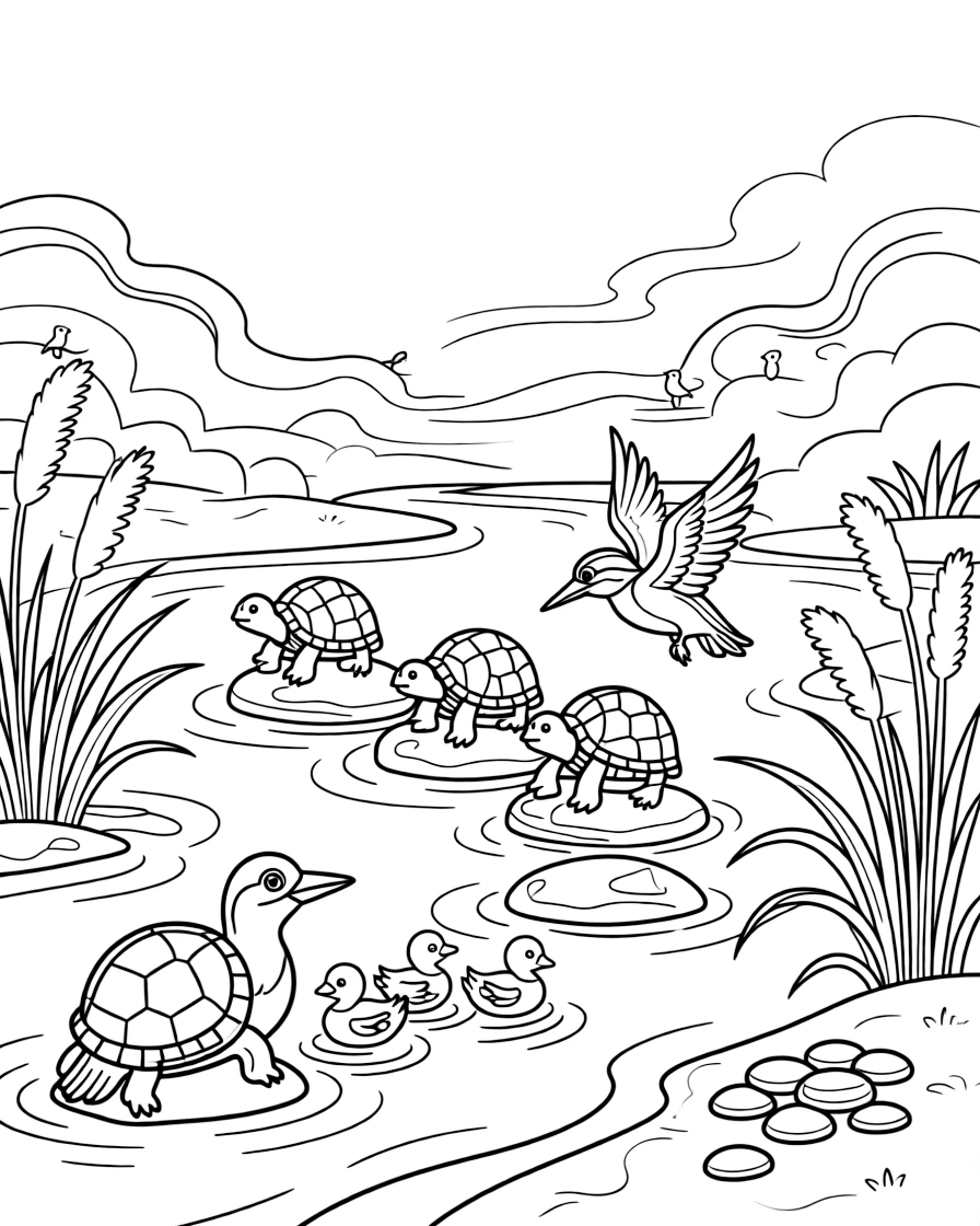 [River Adventures] A family of turtles suns themselves on a row of flat stones poking out of the current. A kingfisher darts across the river as ducklings paddle in a neat row behind their mother. Reeds and cattails line the bank near a cluster of smooth stones perfect for skipping. Soft morning mist rises off the river as the first birds begin to sing.