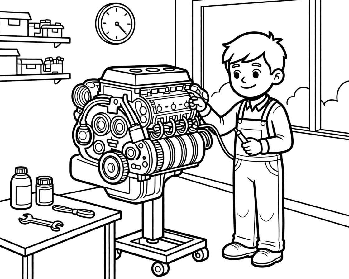 An automotive engineer tests a new car engine on a workshop stand.