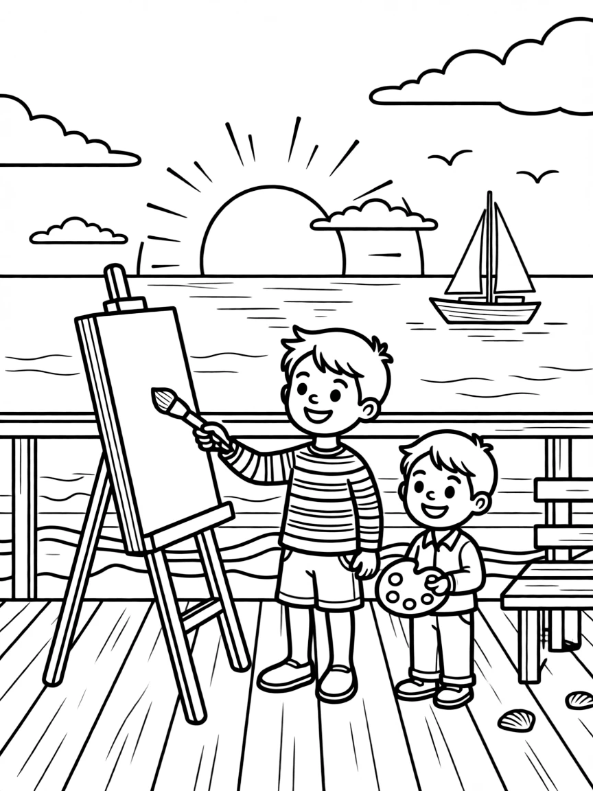 A boy in a striped shirt painting a picture with a neighbor kid on a seaside boardwalk as the sun sets in orange and pink.