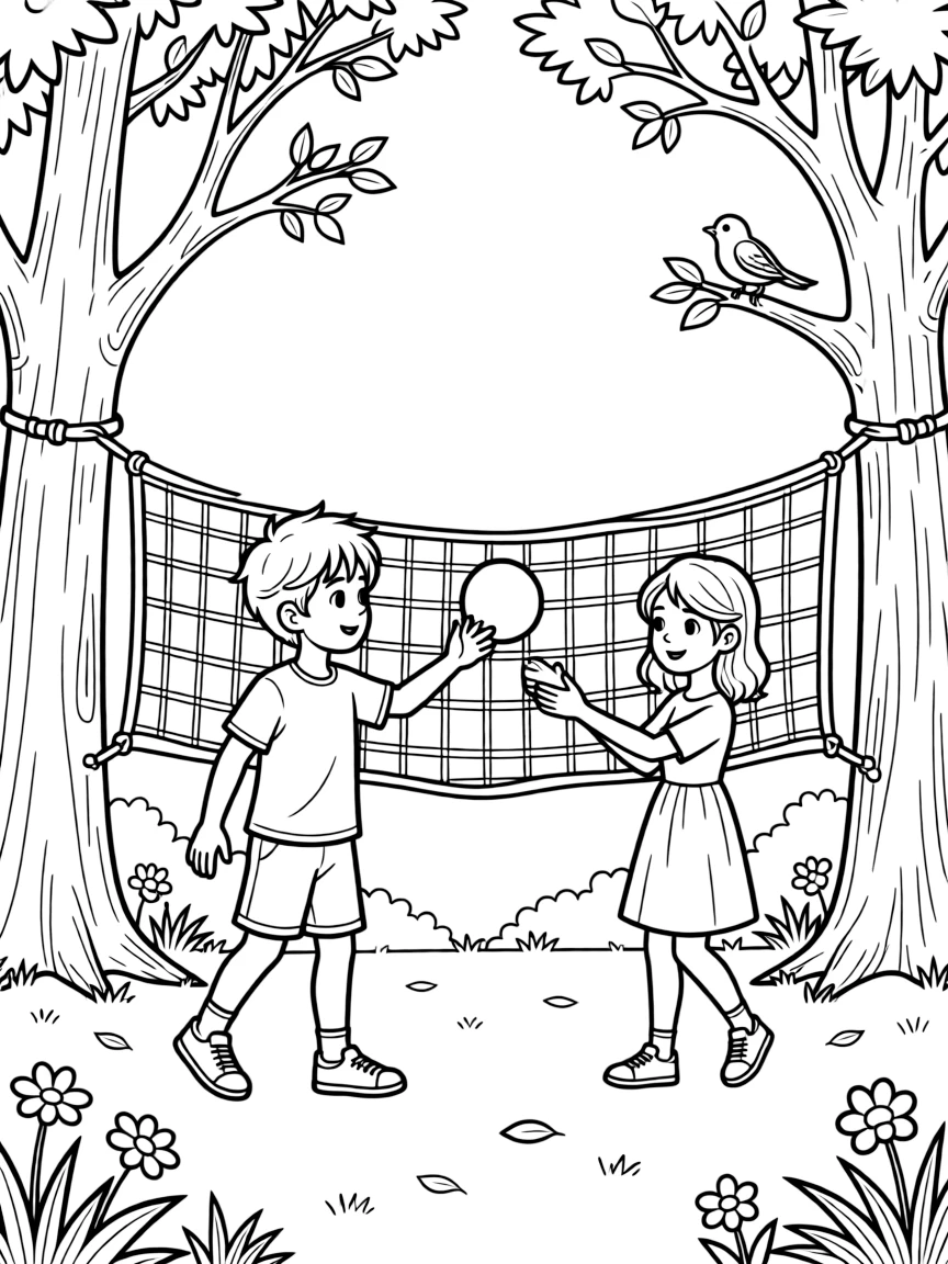 A shy new student, rallying back and forth with a friend across a net strung between two trees.