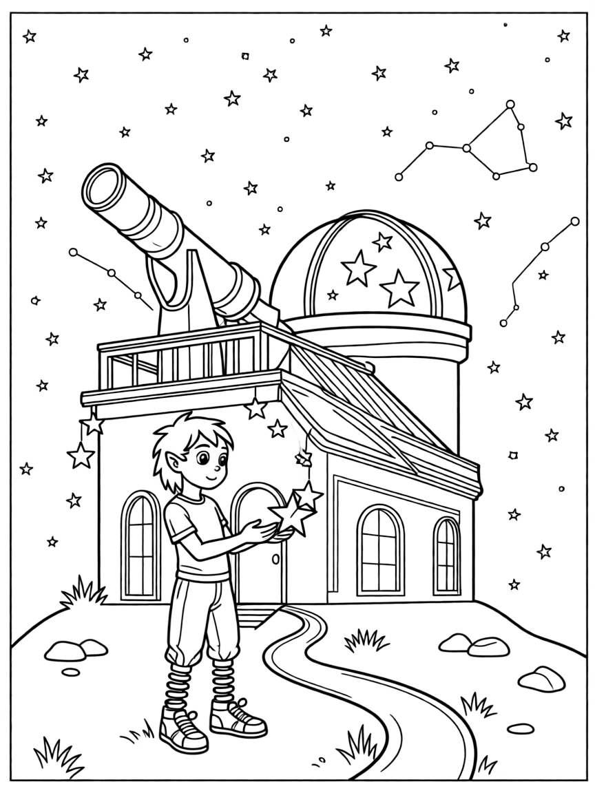 In a quiet observatory perched on a mountaintop under a starry sky, Nyxa, an alien athlete with spring-coiled legs guiding a lost baby star back to its constellation, while a wind chime made of tiny metal stars adds to the excitement.
