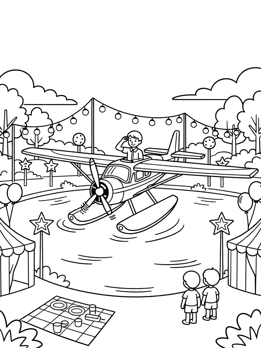 The scene captures a seaplane landing gently on a glassy lake in the middle of a festival ground lit up with strings of colorful lights, with a brave pilot giving a salute from the cockpit nearby and a signal light blinking cheerfully sprinkled around for extra fun.