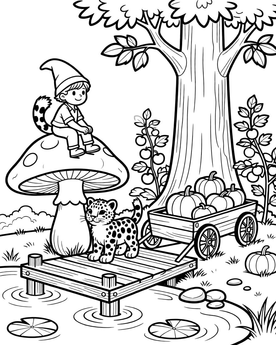 A mushroom-riding gnome pet harvesting ripe fruit alongside a snow leopard cub on a wooden dock over a pond, near a giant redwood tree, with a wagon full of freshly picked pumpkins.