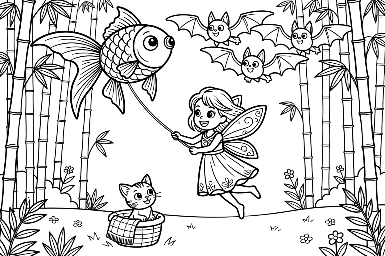 In a bamboo forest clearing, a bold snow fairy is busy flying a kite shaped like a giant goldfish, cheered on by a squadron of friendly bats looping overhead and a curious kitten peeking out from a basket. It's shaping up to be the happiest day in the whole kingdom.