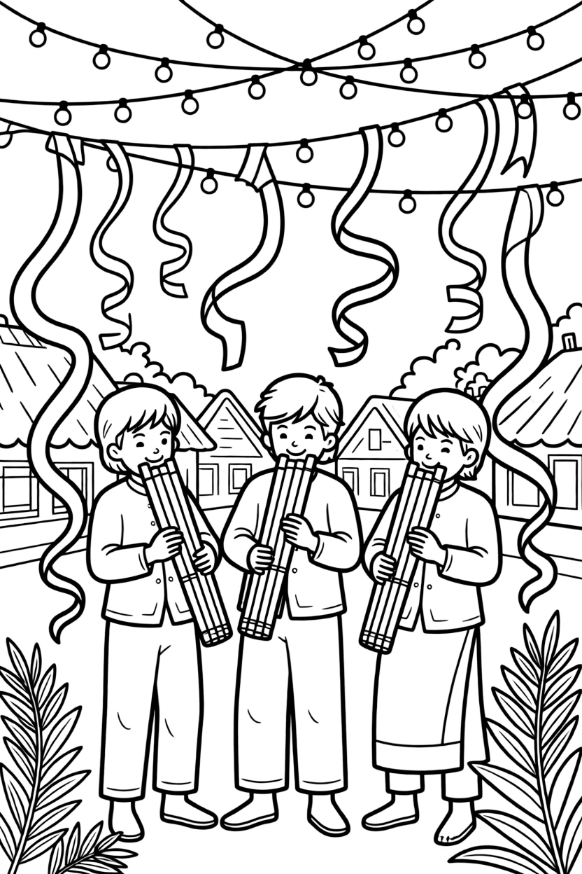 A coloring page of a lively performance in Laos featuring musicians playing a khaen bamboo mouth organ at a village celebration, decorated with ribbons, streamers, and twinkling string lights overhead.