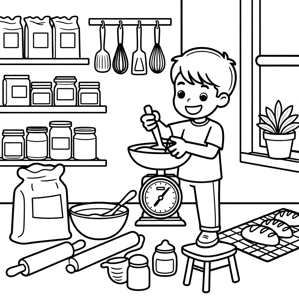 an adventurous little boy measures ingredients on a scale while learning to bake bread at a bakery.