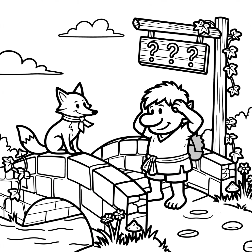 A troll bridge toll booth charges travelers riddles instead of coins, the troll scratching his head as a clever fox outsmarts him.