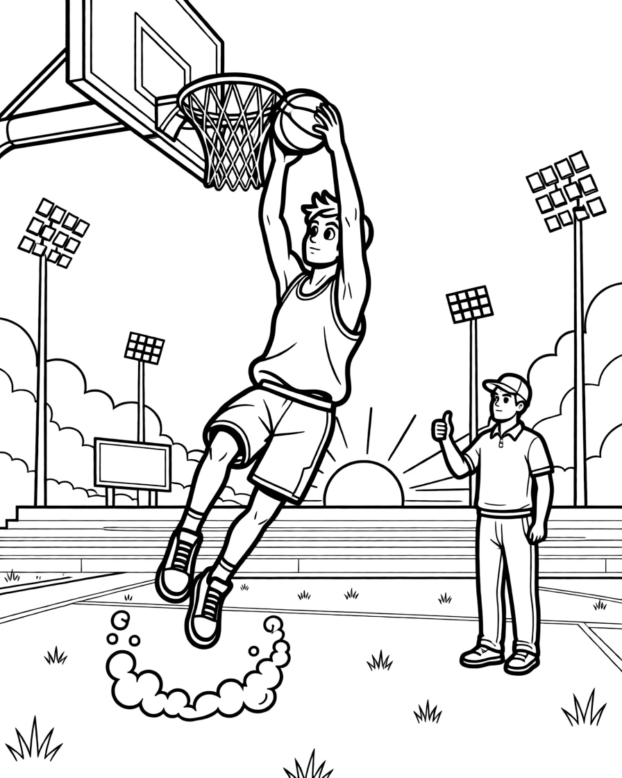 [Sports] a basketball player mid-jump dunking the ball through the hoop on a football field under stadium lights, concentrating hard with a focused expression. Nearby, a coach gives a thumbs-up nearby. Sneakers kick up small clouds of dust. The scene is captured at sunset, with dust kicked up by the wind, giving the page a lively and adventurous feel that invites plenty of colorful detail.
